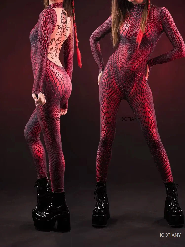 

Red Snake Print Bodysuit Women's Sexy Zentai Set Gothic Animal Bodysuit Women's Halloween Carnival Costume Holiday Party Outfit