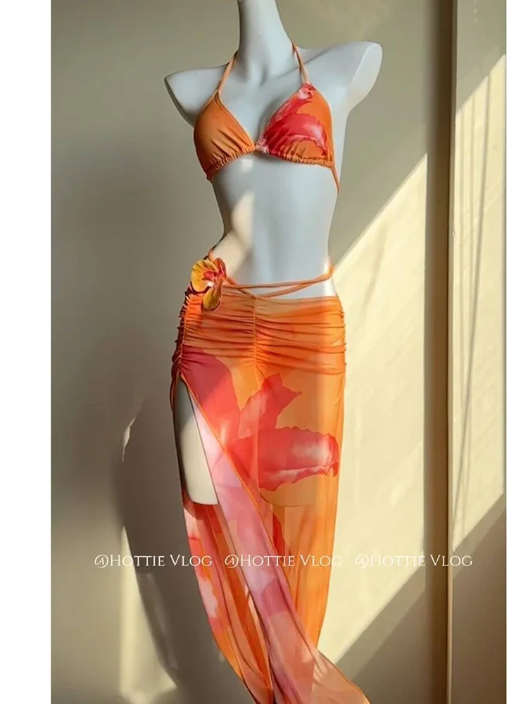 Vrouwen Sexy Strand Badpak 3-delige Sets Zomer Hotsweet Bikini Halter Tops Mode Slanke Lace Up Print Slit Lady Lange Rok