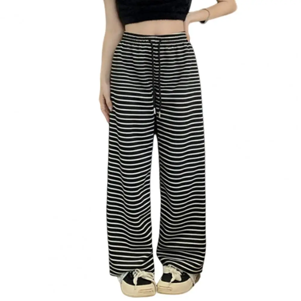 

Women Black White Stripes Print Pants Elastic Drawstring Waist Wide Leg Long Trousers Pants Streetwear