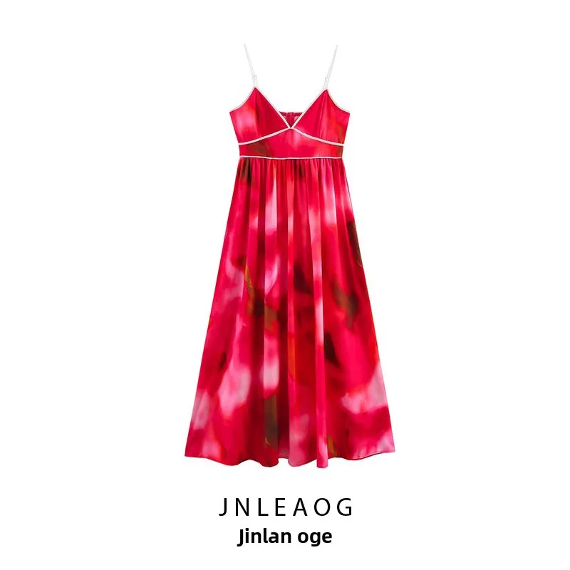 JNLEAOG 여성 패션 디자인 타이다이 허리 조임 홀리데이 드레스 하이웨이스트 폴리에스터 섬유 민소매 여름 캐주얼 가운