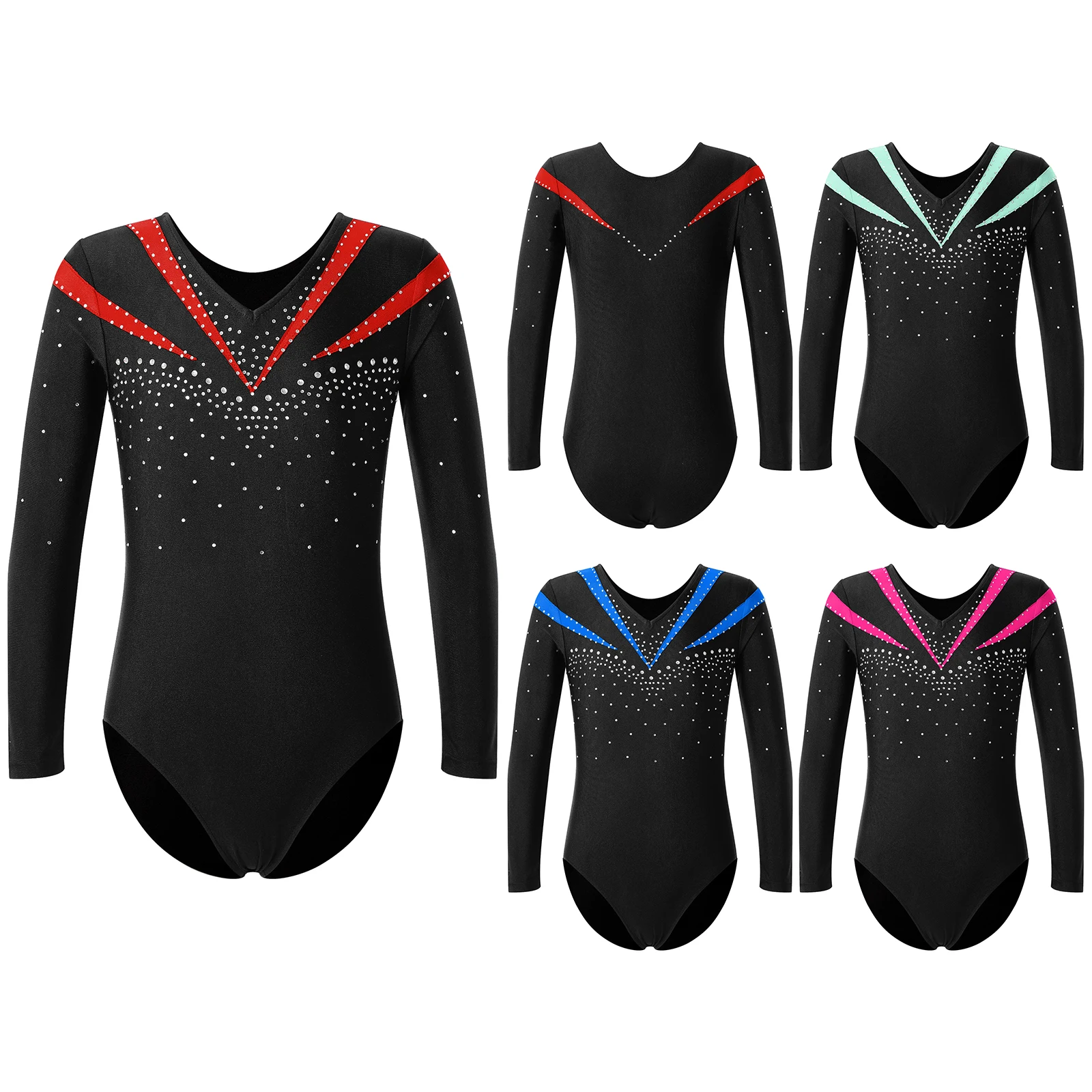 Kids Girls Ballet Dance Leotard Long Sleeve Gymnastics Workout Bodysuit Shiny Rhinestone Contrast Color Slim Fit Dance Costumes