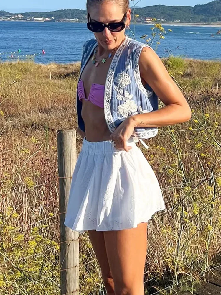 2024 Women Elegant Blue Floral Embroidery Cardigan Vest V Neck Short Tops Woman Casual Y2K Tops Fashion High Street