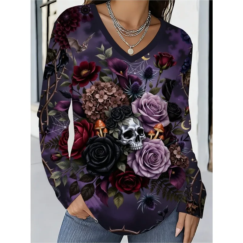 Women's V-neck Long Sleeved T-shirt with Halloween Elements Printed All Over Creating a Festive Atmosphere for Commuting