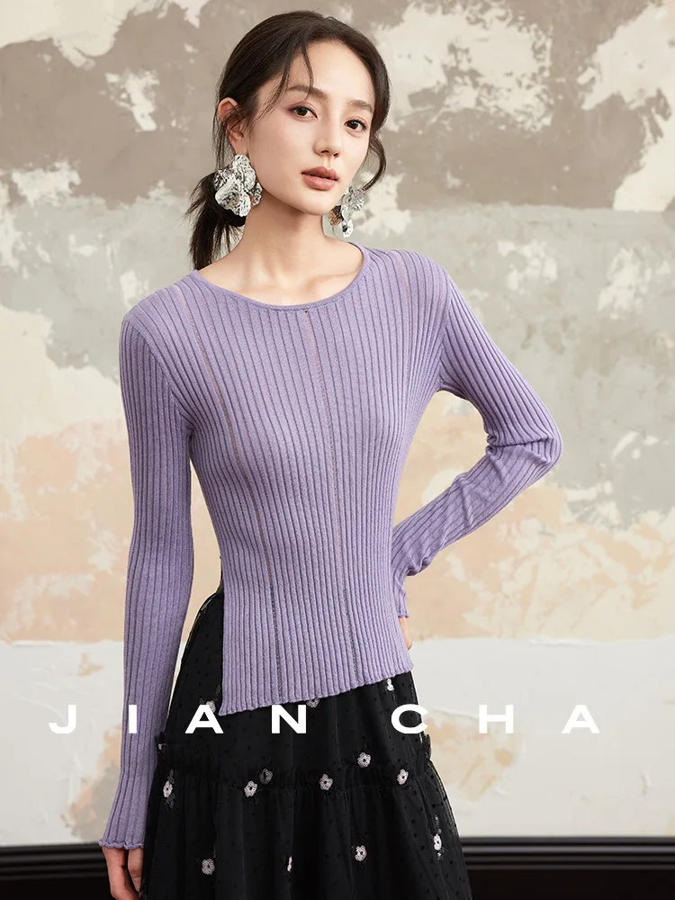 

Теплый фиолетовый вязаный топ JIANCHA "Nuan Diao Xin Zhi" свободного кроя с длинными рукавами и круглым вырезом, укороченный, цветной