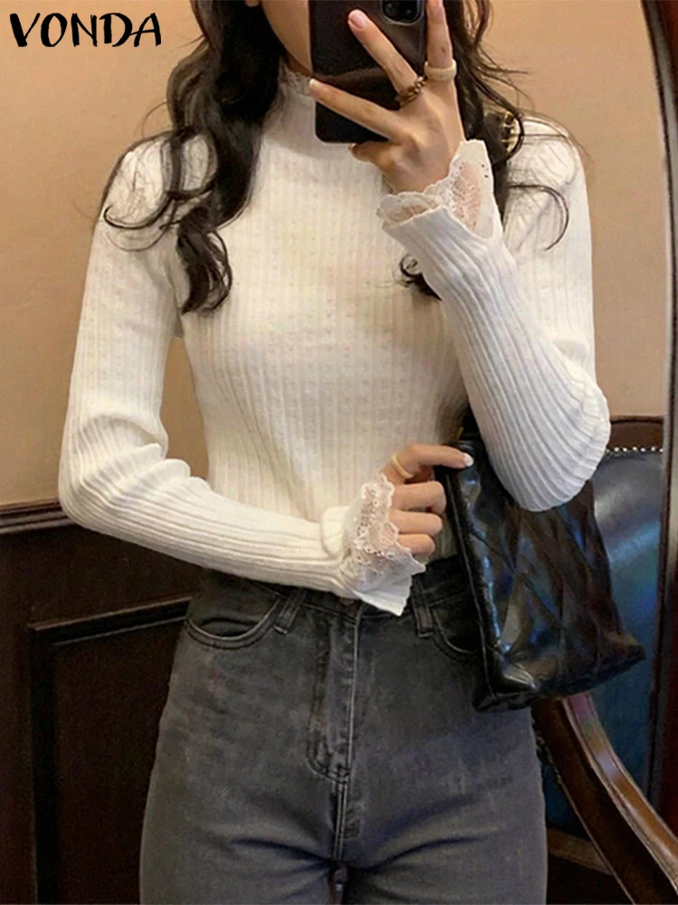 فوندا الدانتيل الياقة المدورة البلوزات النساء المرقعة محبوك البلوفرات 2025 الخريف طويلة الأكمام الحياكة الأساسية لاعبا ملابس خارجية غير رسمية
