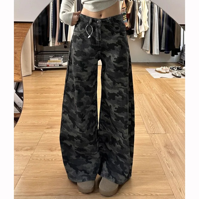 Nova alta rua senhora calças de cintura alta feminino retro camuflagem calças largas perna meninas chique designer calças largas