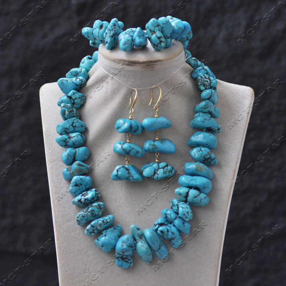 MTC·STAR Set Natural 18'' 28mm Blue Baroque Turquoise Irregular Raw Ore Necklace Bracelet Earring (Z14150)