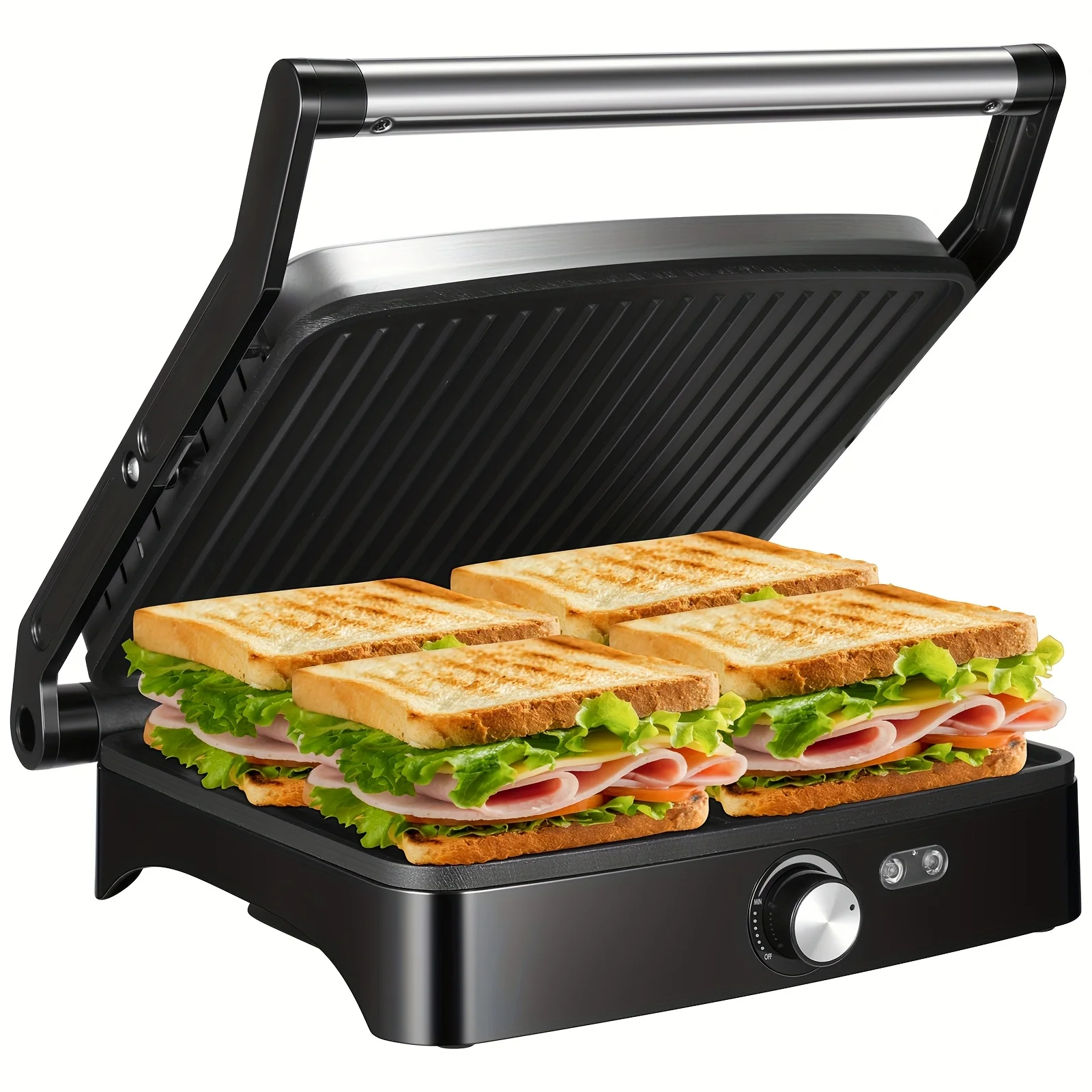 

1200W Panini Press And Sandwich Maker, Versatile Non-Stick Grill for 4 Slices with Adjustable Temperature, 180° Opening for Bigg
