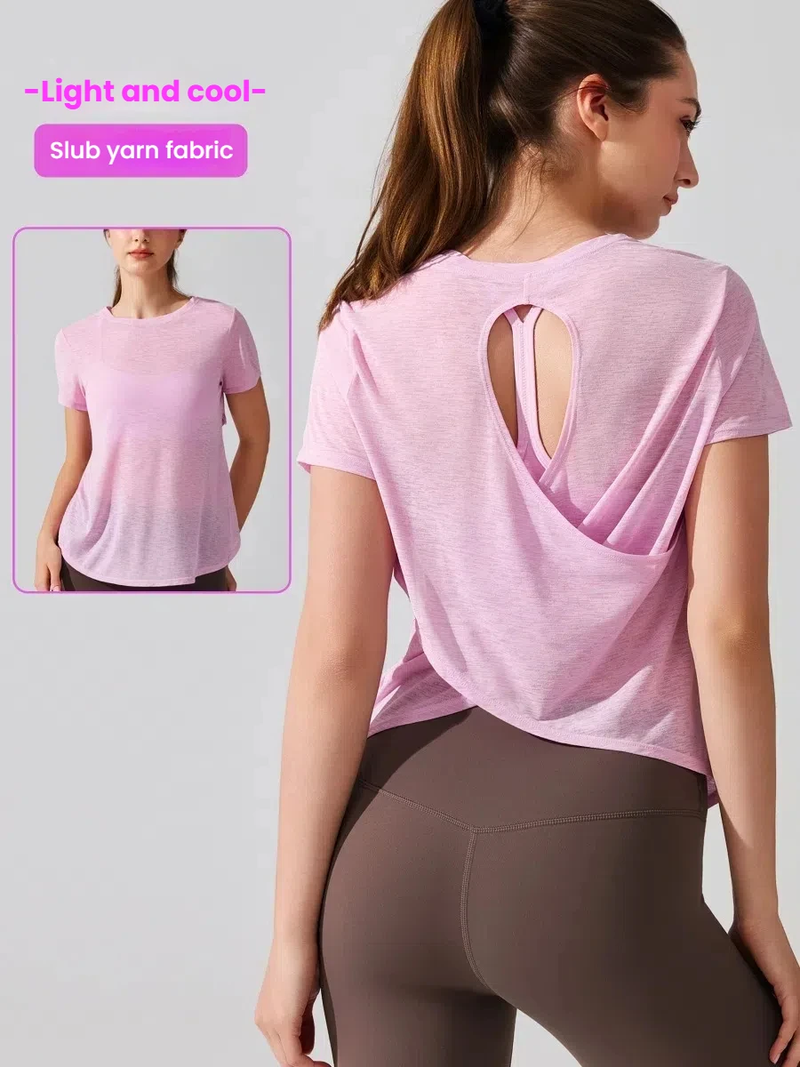 

Women's Backless Sports Top Breathable Short-Sleeve Running t-shirt Yoga Fitness Training Tee Lightweight Workout woman clothing