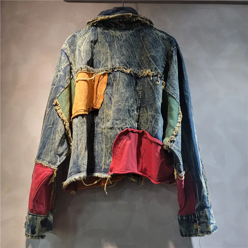 Personalized Multi-piece Contrasting Color Splicing Denim Jacket Women Lapel Rough Edge Long Sleeve Short Coat Spring Autumn Top