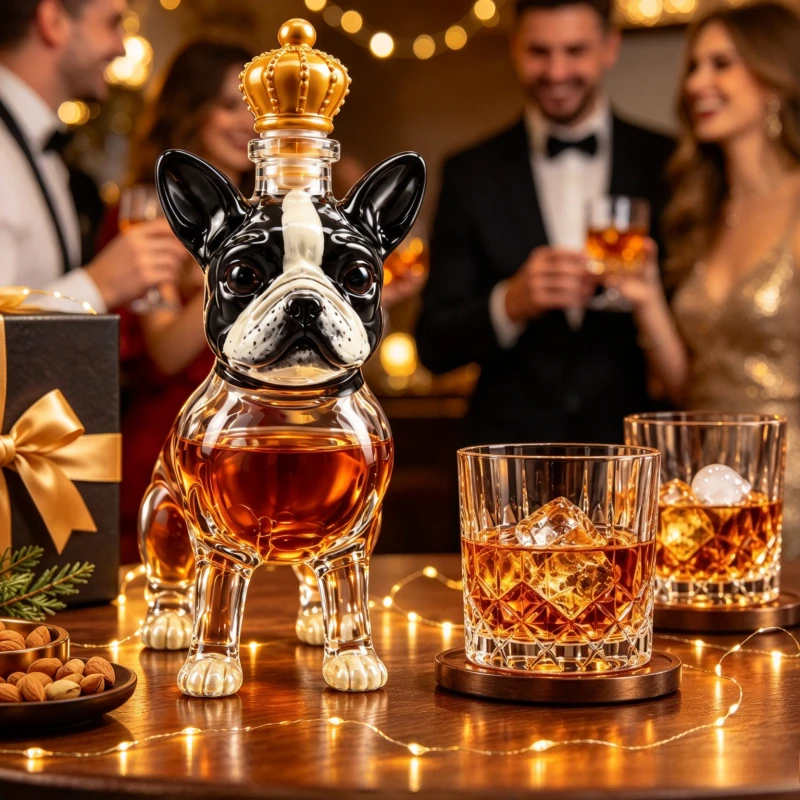 French Bulldog Glass Decanter Hand Painted Dog Head Crown Stopper Whiskey Bottle Bar Decor Gift