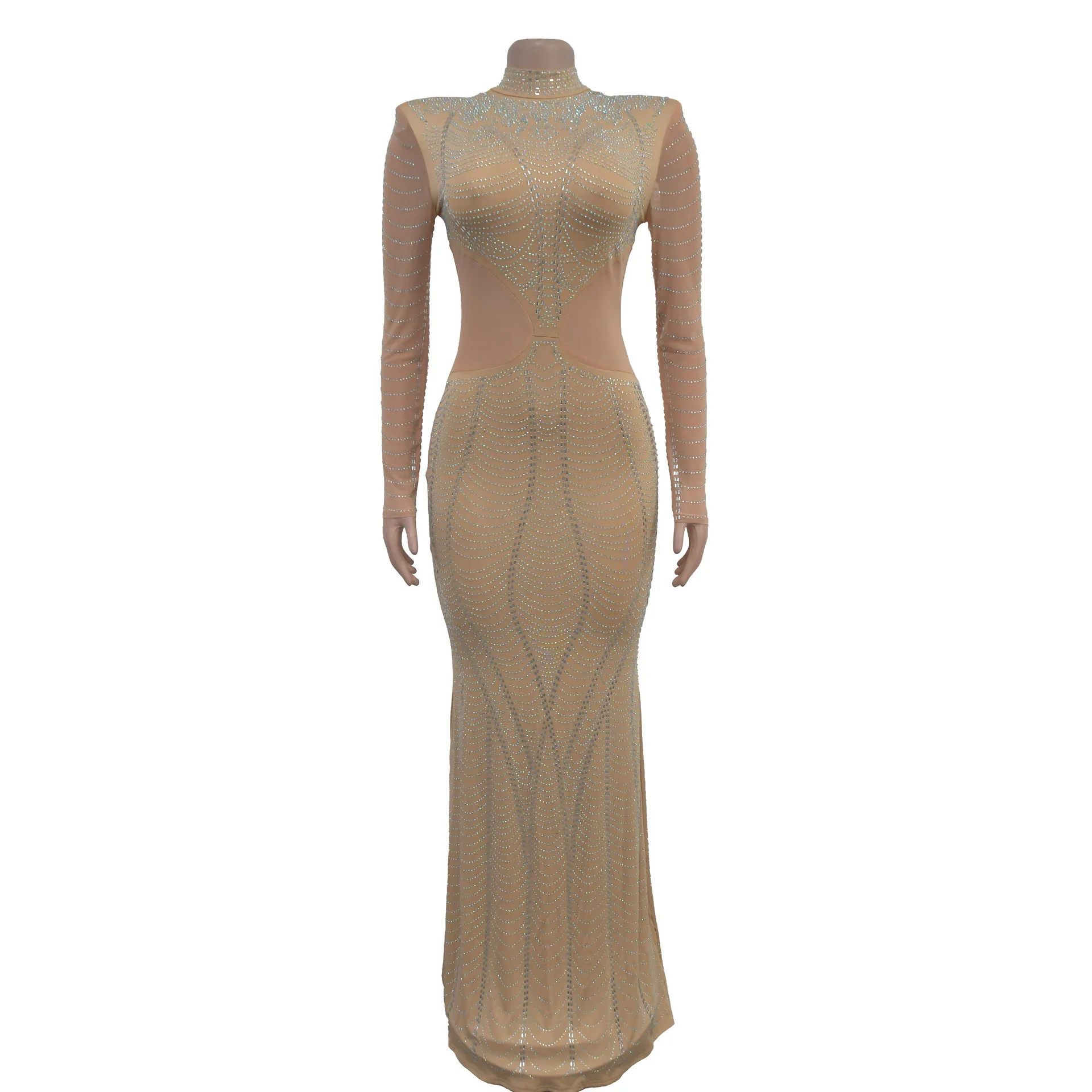 새로운 패션 섹시한 긴 소매 하프 하이 칼라 스팽글 메쉬 쉬어 솔리드 컬러 슬림 맞는 칼집 바닥 길이 드레스, 2 색