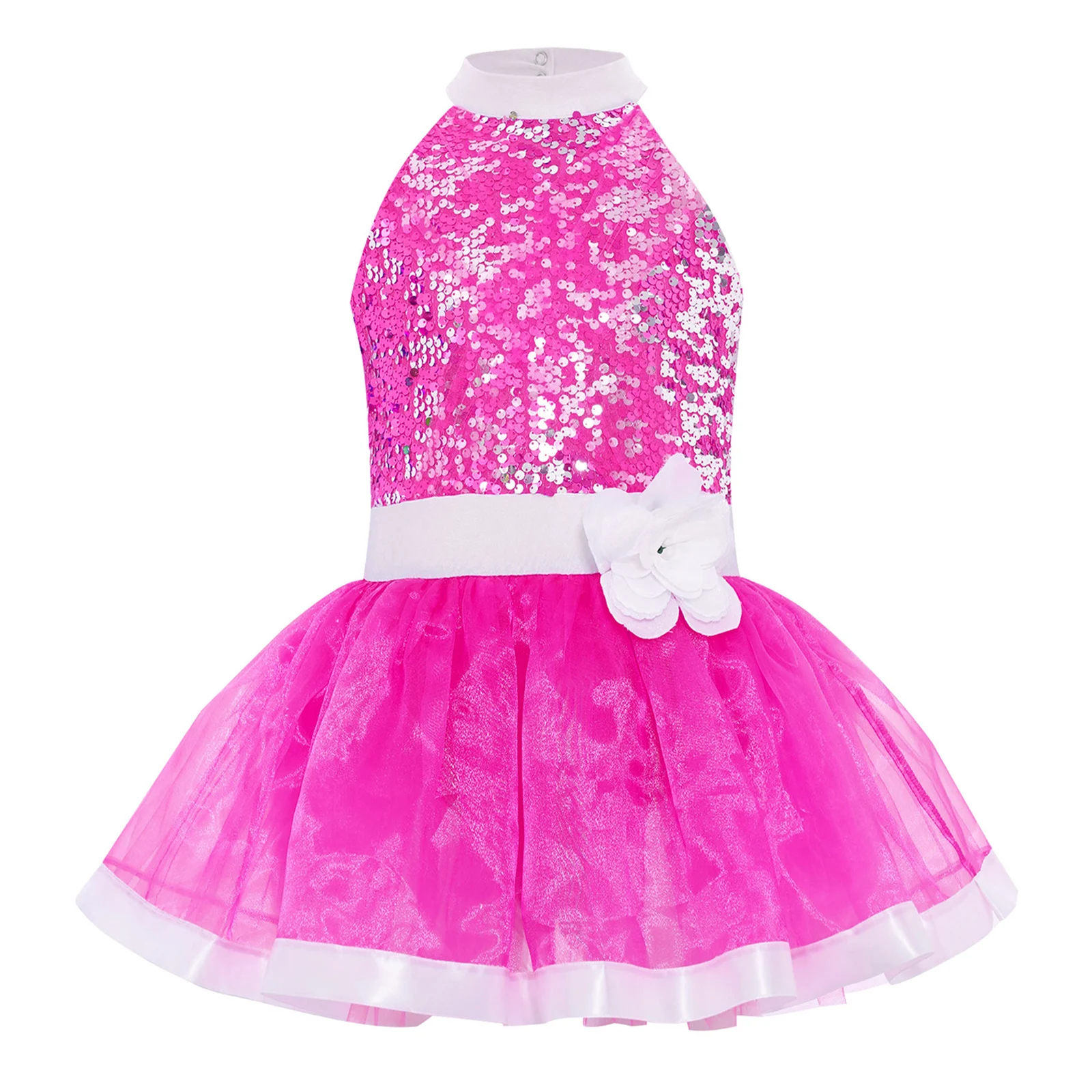 

Kids Girls Shiny Sequins Ballet Dance Dresses Sleeveless Cutout Back Layered Tulle Tutu Dress with Built-in Briefs Performance