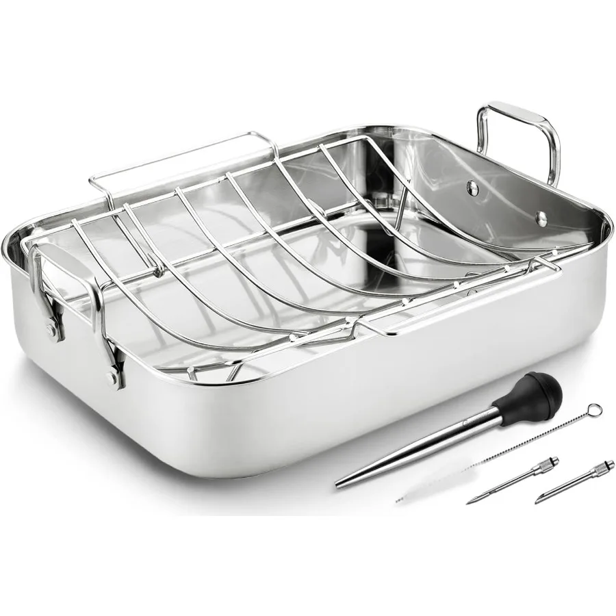 

Roasting Pan with Baking Rack 16.5 Inch Stainless Steel Turkey Roaster with Rack Baster. Great for Turkey Chicken Ham Vegetable