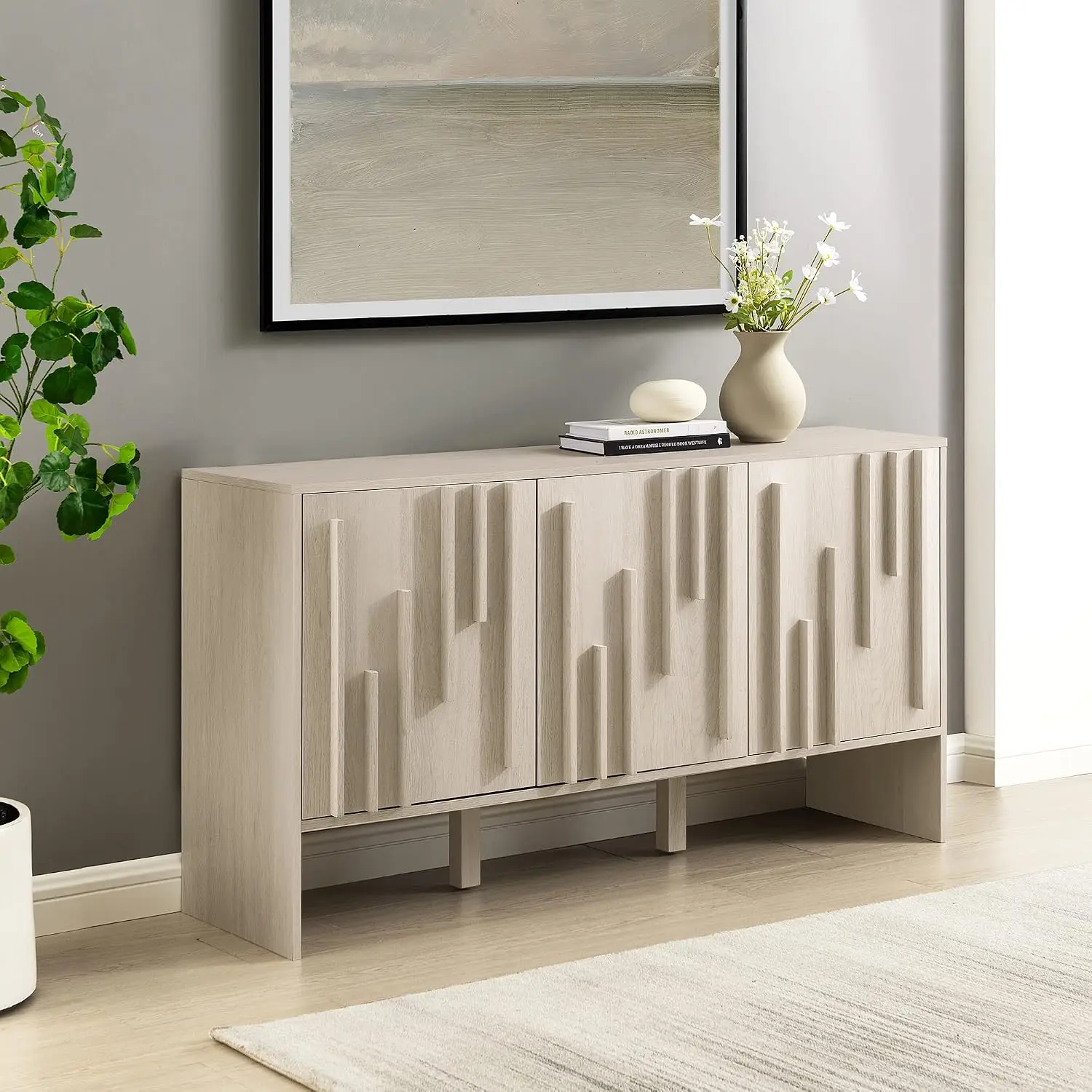 Contemporary 3-Door Sideboard Buffet Cabinet 55 Inch Ivory Oak Storage Dining Living Room, Customized