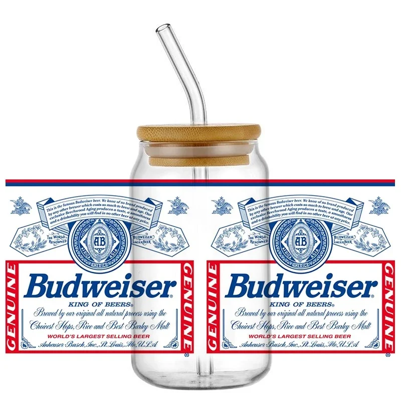 Budweiser Beer Pattern 16OZ UV DTF Cup Wrap Transfer Stickers Custom Labels DIY Waterproof Logo For Libbey Glass Can