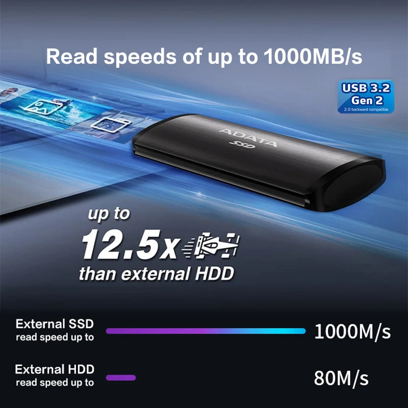 ADATA SE760 External Solid State Drive PSSD 512GB 1TB 2TB USB 3.2 Gen 2 Type-C USB 10Gbps High Speed Hard Drive SSD for PS5