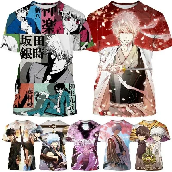 Summer Anime GIntama 3d Printing T-shirt Men's Round Neck Casual Harajuku Style Fashion Anime Character Pattern Short-sleeved