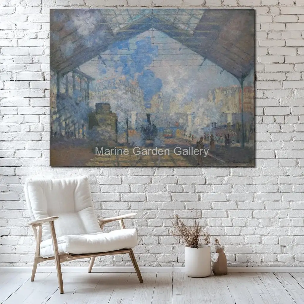 Handmade Modern Contemporary Canvas Claude Monet Artwork Gare Saint Lazare Oil Painting Masterpiece Large Library Wall Decor