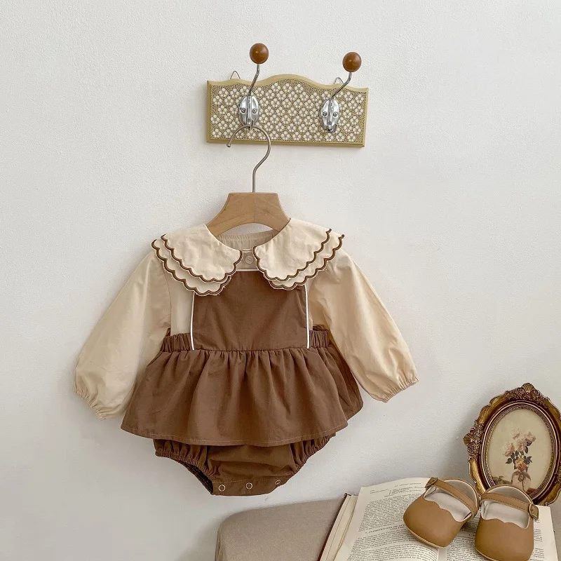 

Cute Baby Girl Autumn Clothes 0-3Years Newborn Kids Long Sleeve Peter Pan Collar Shirt Tops Dress Romper Suspender Skirt Outfits