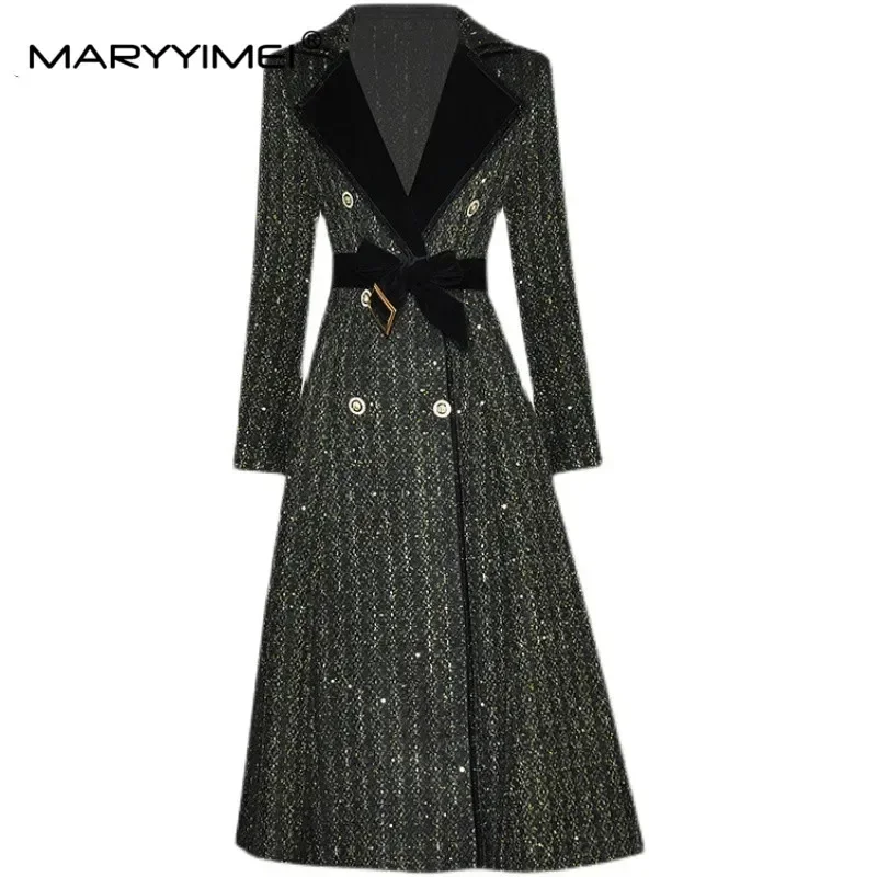 

MARYYIMEI Designer Fashion Winter Woman Black Overcoat Turn-down Collar Double Breasted Sashes Casual Overcoat Coat