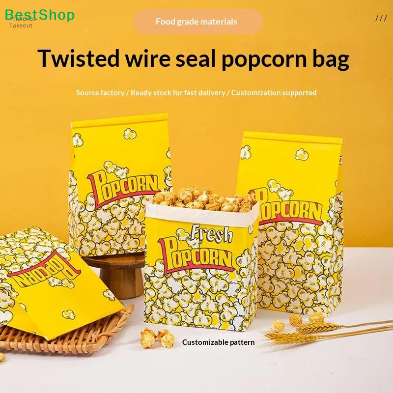 ♥ 50 Stück Popcorn-Beutel mit Drehverschluss - Lebensmittelechte Gelbe Papiertüten für Kino, Events und Snackbars