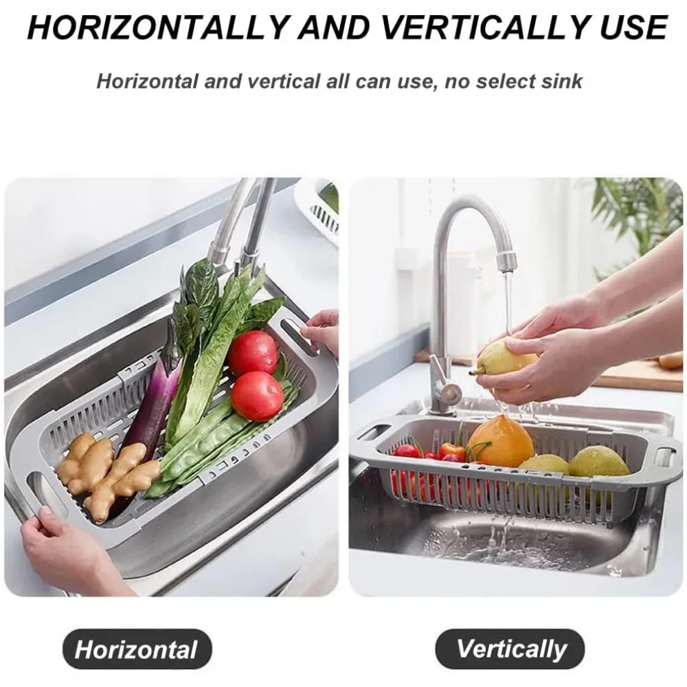 Extendable Over the Sink Colander Fruits and Vegetables Drain Basket Adjustable Strainer Sink Washing Basket for Kitchen