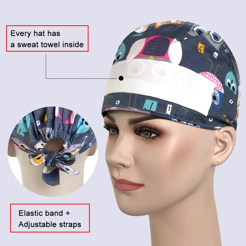 Unisex cotton adjustable scrubs caps Tieback Elastic pet grooming hats Floral printing hat working cap beauty salon working caps