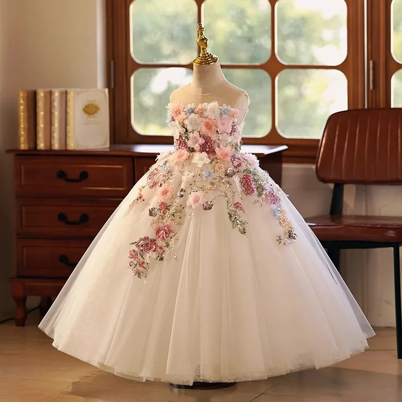 Tulle Flower Girl Dress for Wedding Appliques Pageant Dress for Kids Sequin Puffy Birthday Party Ball Gowns for Girls