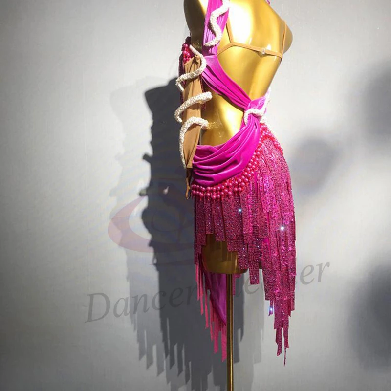 Latin Dancers, Adults, Children, High-End Customized Bead String Tassel Flower Costume, Tango Samba AB Stone Performance Dress