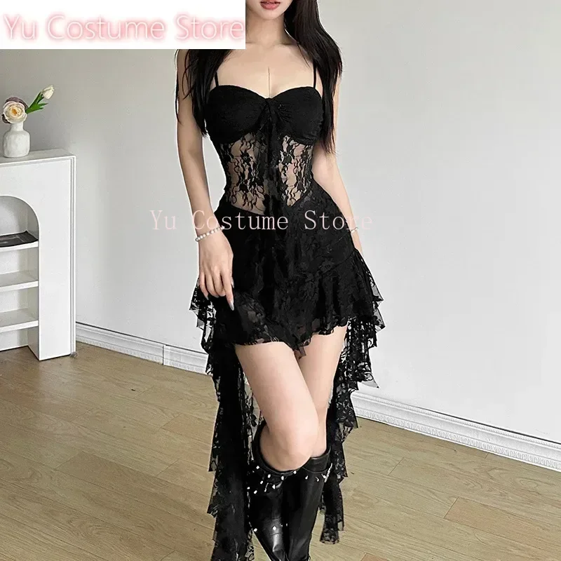

Women Dress Sexy Patchwork Mesh Strapless Irregular Waist Ruffled Split Black Dresses Fashion Night Party Vestidos Yu Costume