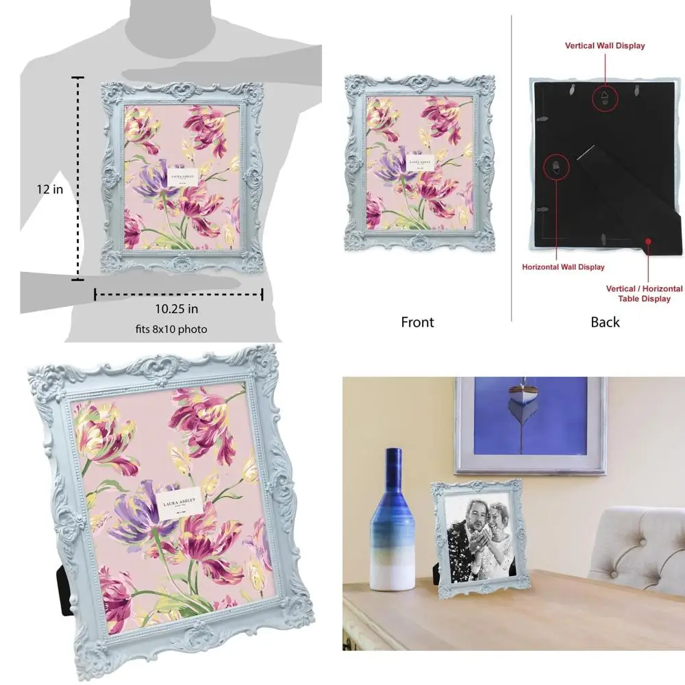 

Elegant Powder Blue Resin Frame with Easel and Hook for 8x10 Photos, Decorative Floral Home Decor