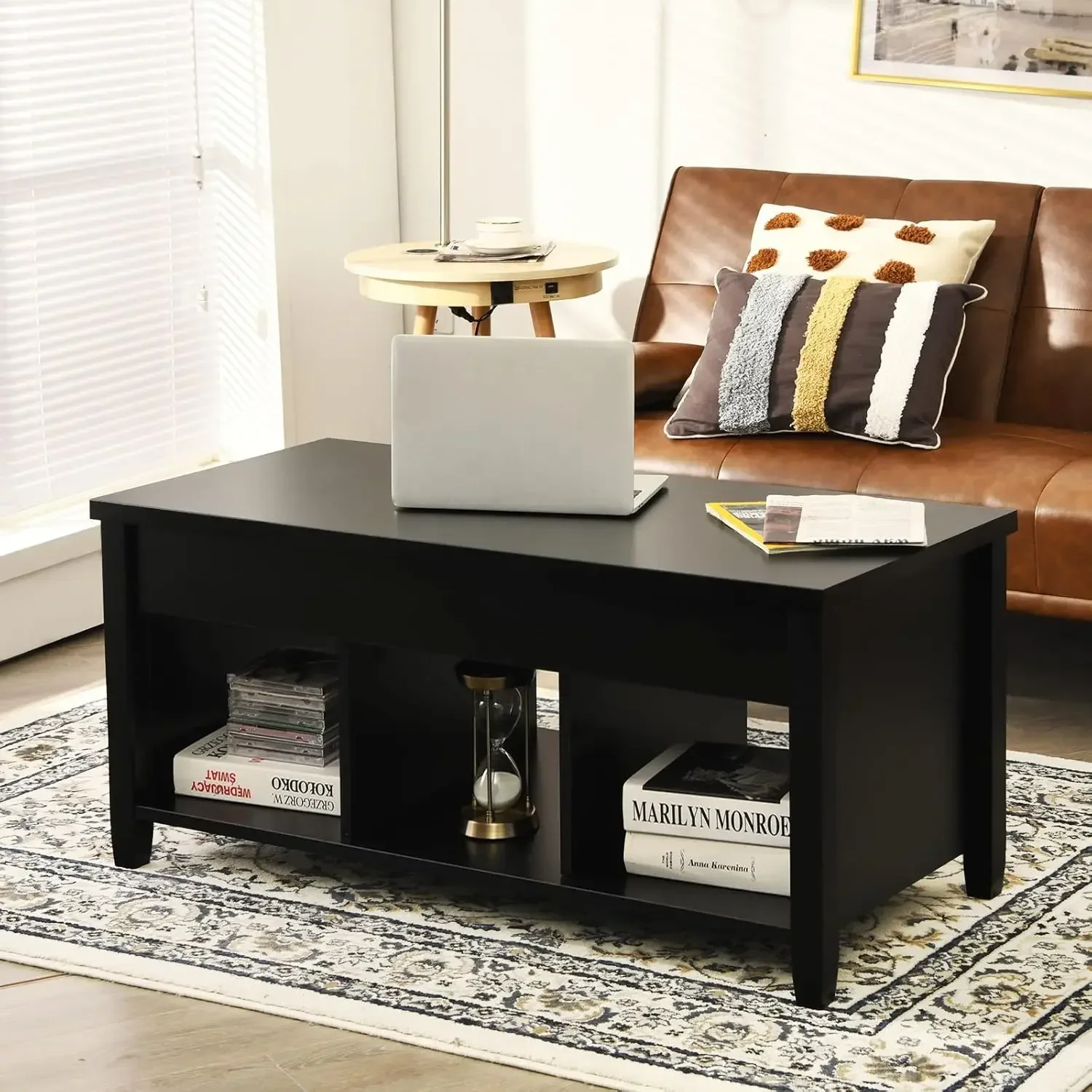 Table basse moderne avec compartiment GNE, plateau élévateur en bois, étagère de rangement ouverte, salon, bureau, salle de réception, noir