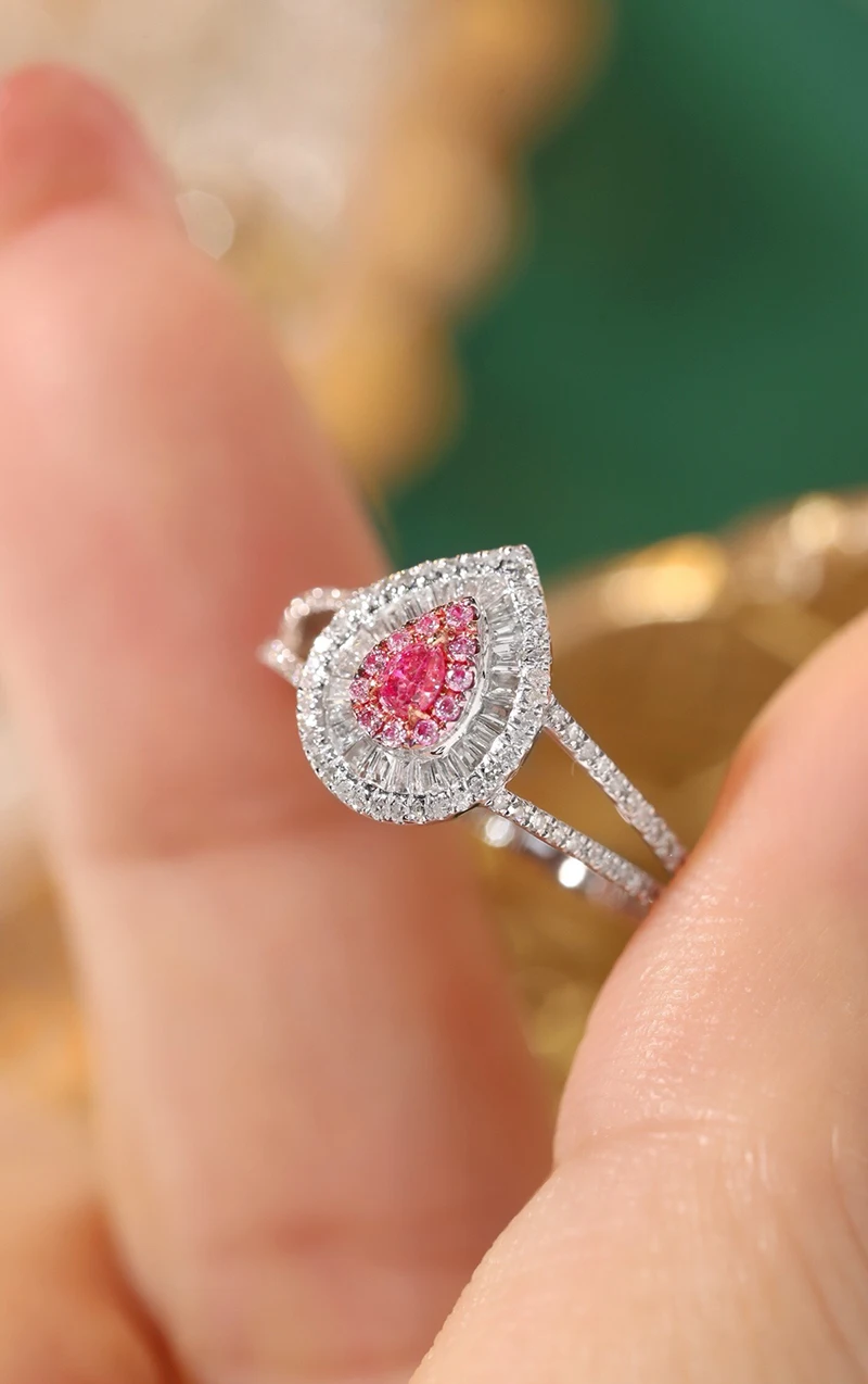 LUOWEND 100% 18K White Gold Rings Elegant Water Drop Shape Real Natural Pink Diamond Engagement Ring for Women Fine Jewelry