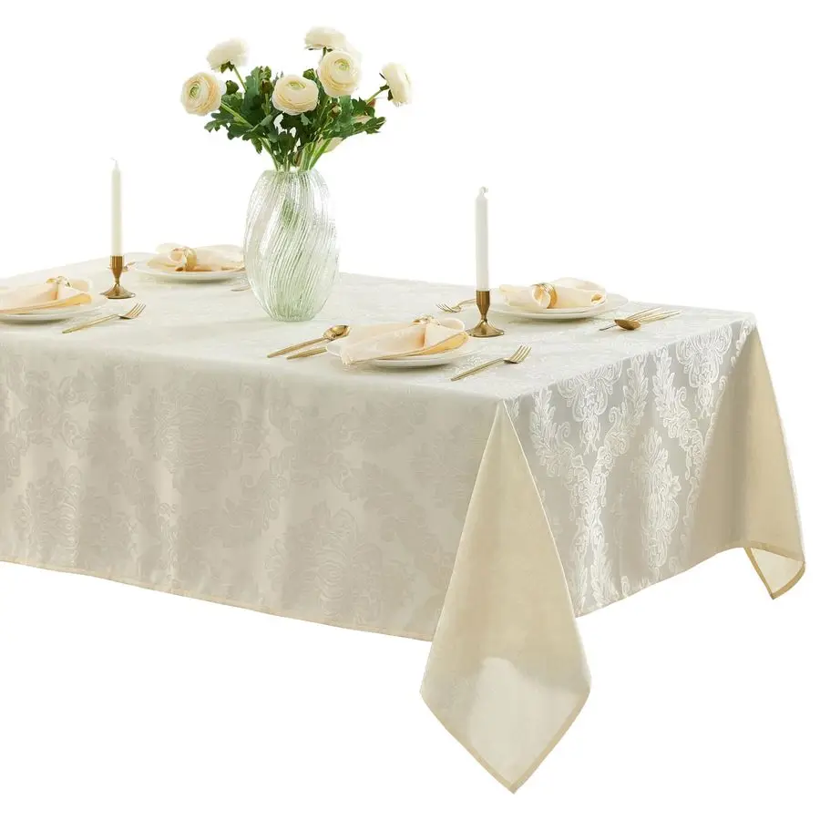 

Barcelona Luxury Damask Fabric Tablecloth, 60 Wide x 144 Rectangle, Antique White, 100 Polyester, No Iron, Soil Resistant Dining