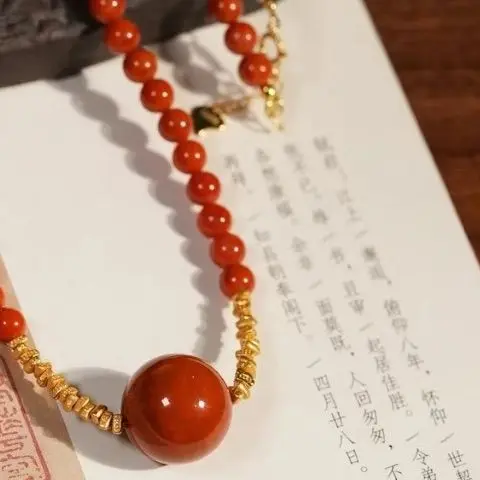 Chinese Style Natural South Red Agate Choker Necklace Lucky Blessing Fortune Small Bead Clavicle Chain For Women Adjustable 45