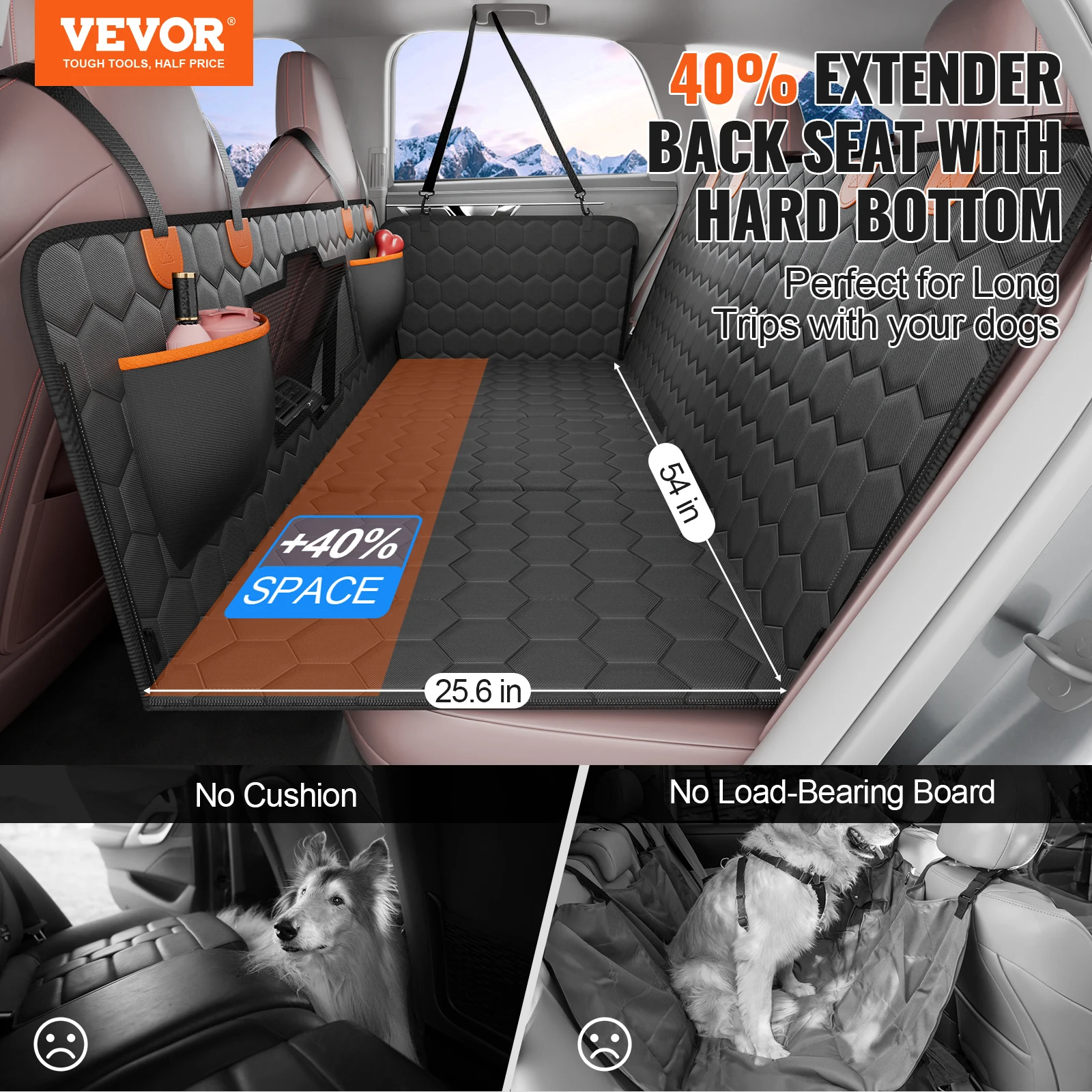 VEVOR Back Seat Extender Dog Car Seat Cover for Back Seat Bed with Mesh Window and Storage Pocket Supports 350lbs Dog Hammock