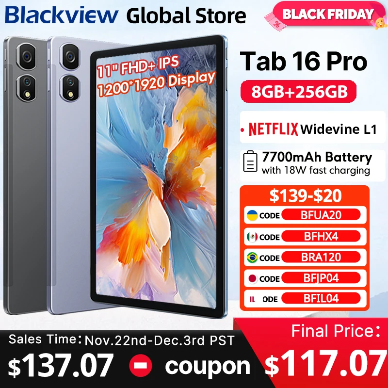 2024 Blackview Tab 16 Pro Tablet 8GB+256GB  11'' FHD+ Display 7700 mAh Battery Android 14 Widevine L1 Unisoc T616 Tablet PC