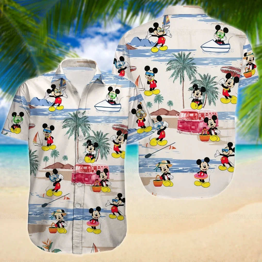 Camisas hawaianas de Mickey y Minnie para hombre y mujer, camisas de manga corta informales, camisas hawaianas de Disney, camisas de playa a la moda