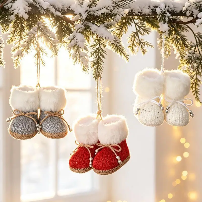 Christmas Boot Hanging Decor Knitted Soft Fabric Pendant Creative Ornament for Xmas Tree Holiday New Year Decor