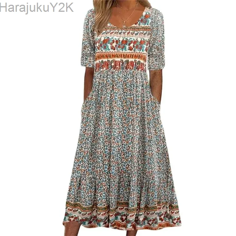 

Elegant Bohemian Print Dresses Women Short Sleeve Pleated Large Hem Dress Summer Casual Holiday Female High Waist Long Gown 2024