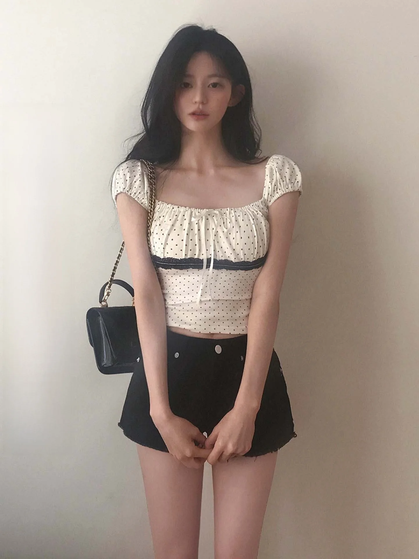 WEEKEEP Polka Dot Bubble Sve T-shirt Colletto quadrato Patchwork in pizzo ort Sve Slim Fit Summer Street Sle Top per donna