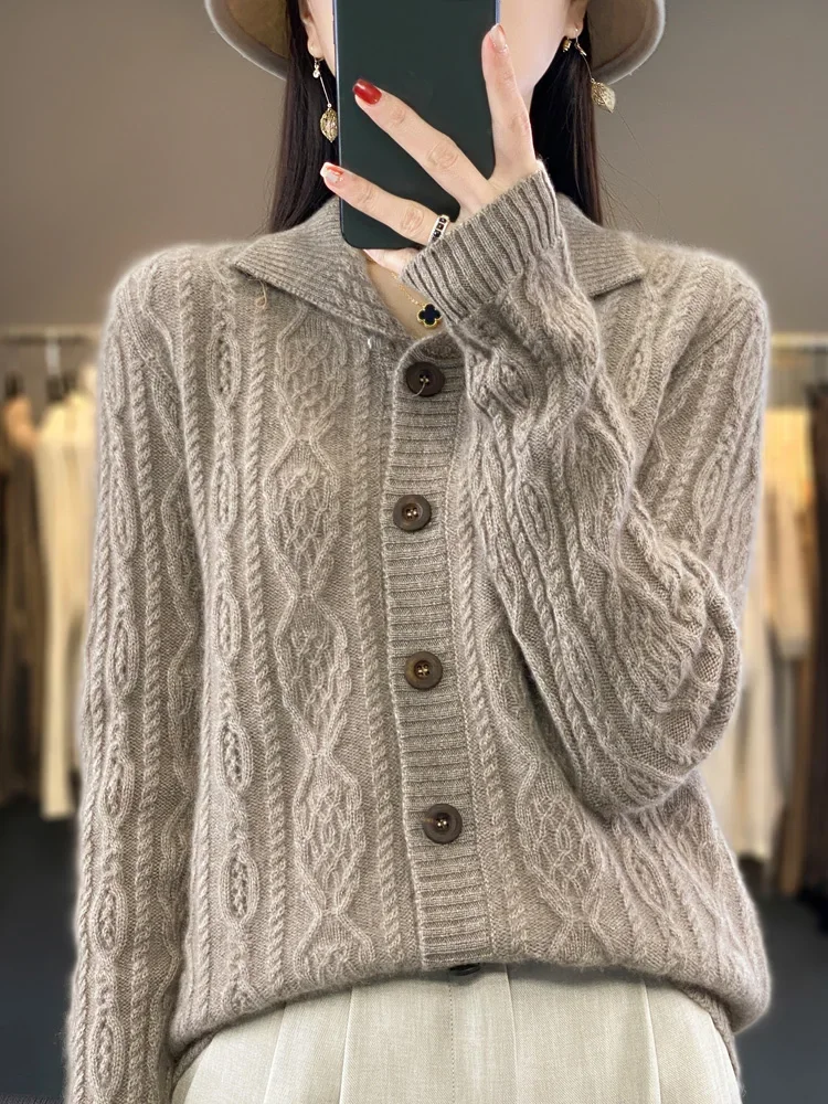 Chic Women Cable Knit Sweater Thick Cardigan Autumn Winter Merino Wool Long Sleeve Warm Cashmere Knitwear Korean Top L334