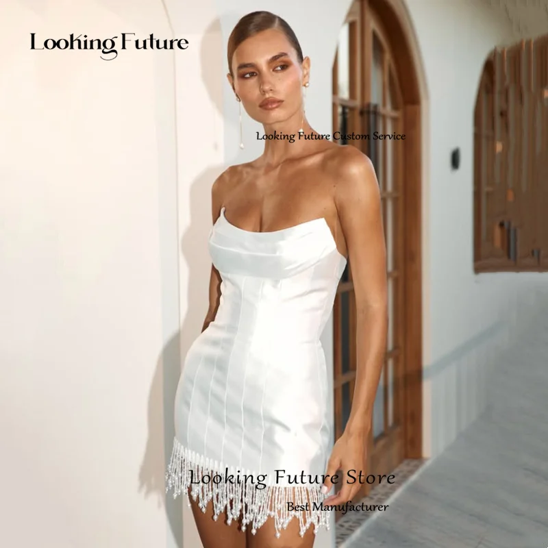 Elegant White Satin Short Wedding Dress Pleat Pearls Tassel Mini Bride Dress Sexy Backless Strapless Sleeveless Gown Customized image 3