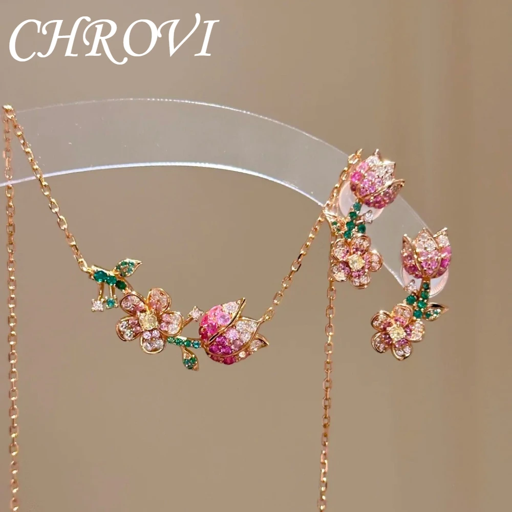 Luxurious 925 sterling silver gradient pink diamond flower necklace, vintage ear studs, gemstone set set for women