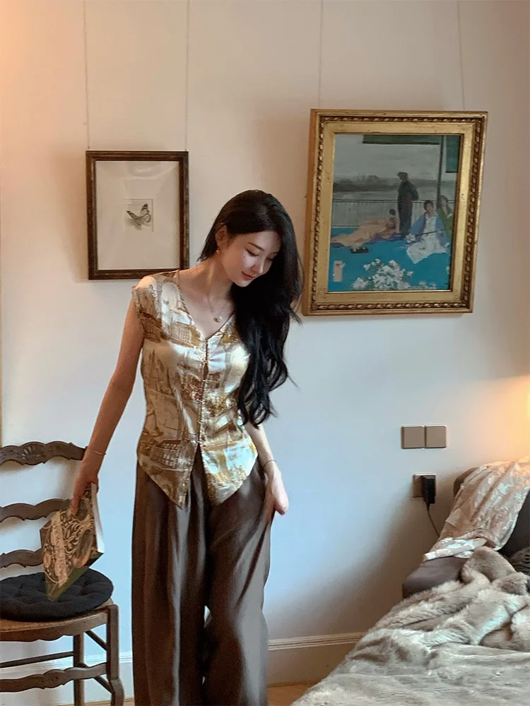 

Wcouture Original Roman Holiday Silk Satin Vest Original Oil Painting Two-Tone Micro-Fit Tank Top Women's Sweet Sle ort S...