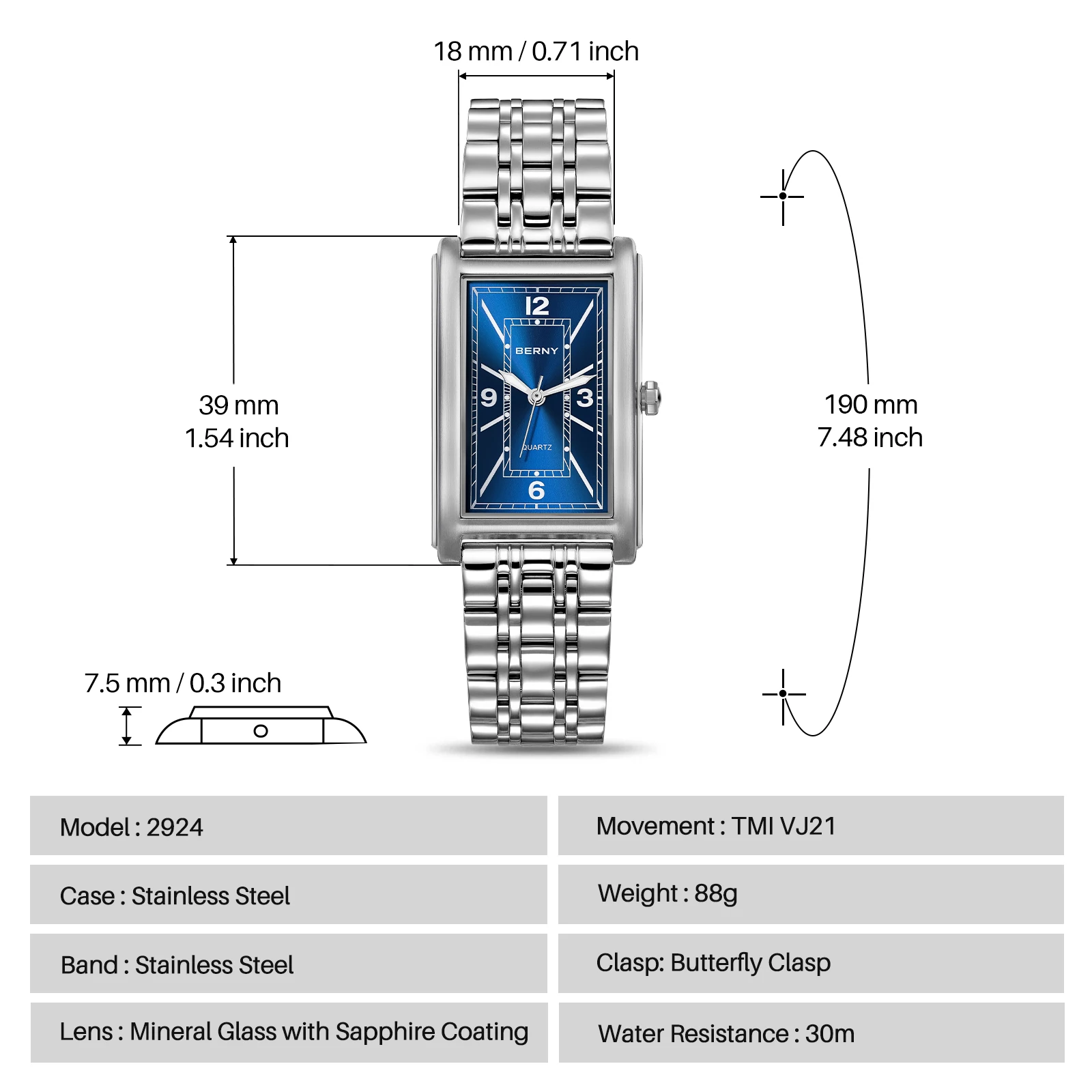 BERNY Square Men Watch Luminous Quartz Roman Numeral Dial 316L Stainless Steel Casual Fashion Rectangular Luxury Watch for Men