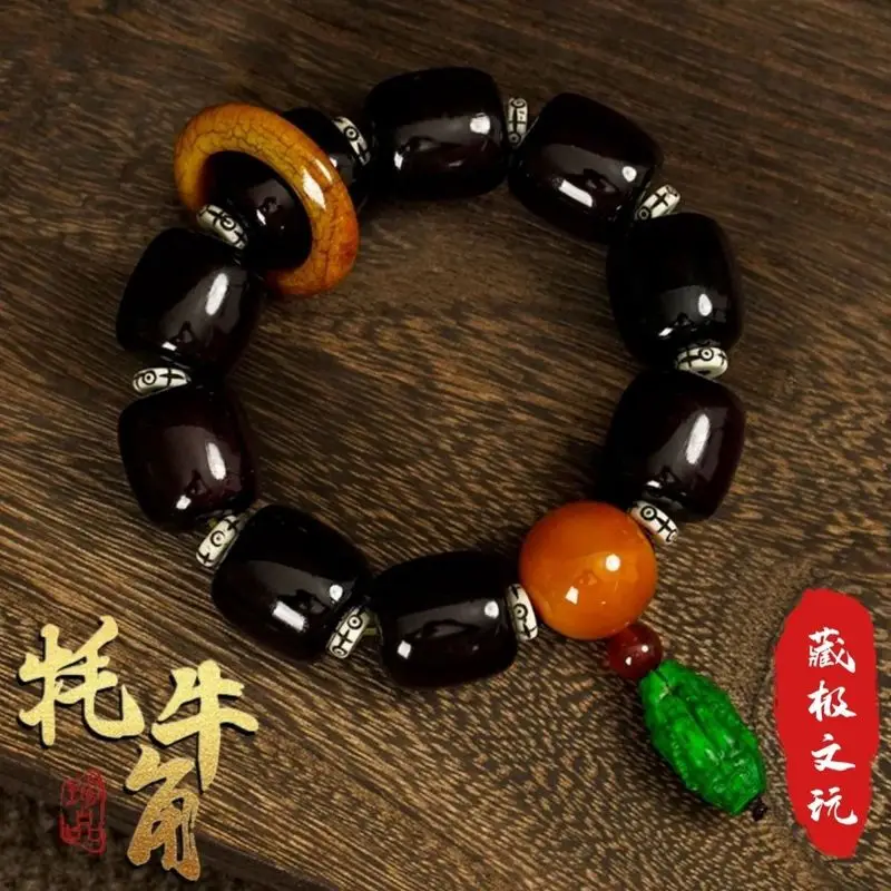 Authentic Tibetan natural yak horn men, handmade collectible black diamond bracelet, suitable for collecting and gi