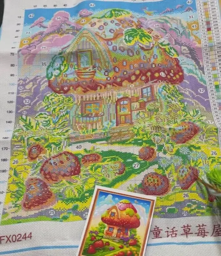 9ct 60x80cm Mushroom House Embroidery DIY Chinese Style Printed Kits Cross Stitch Needlework Set Home Decor Crafts