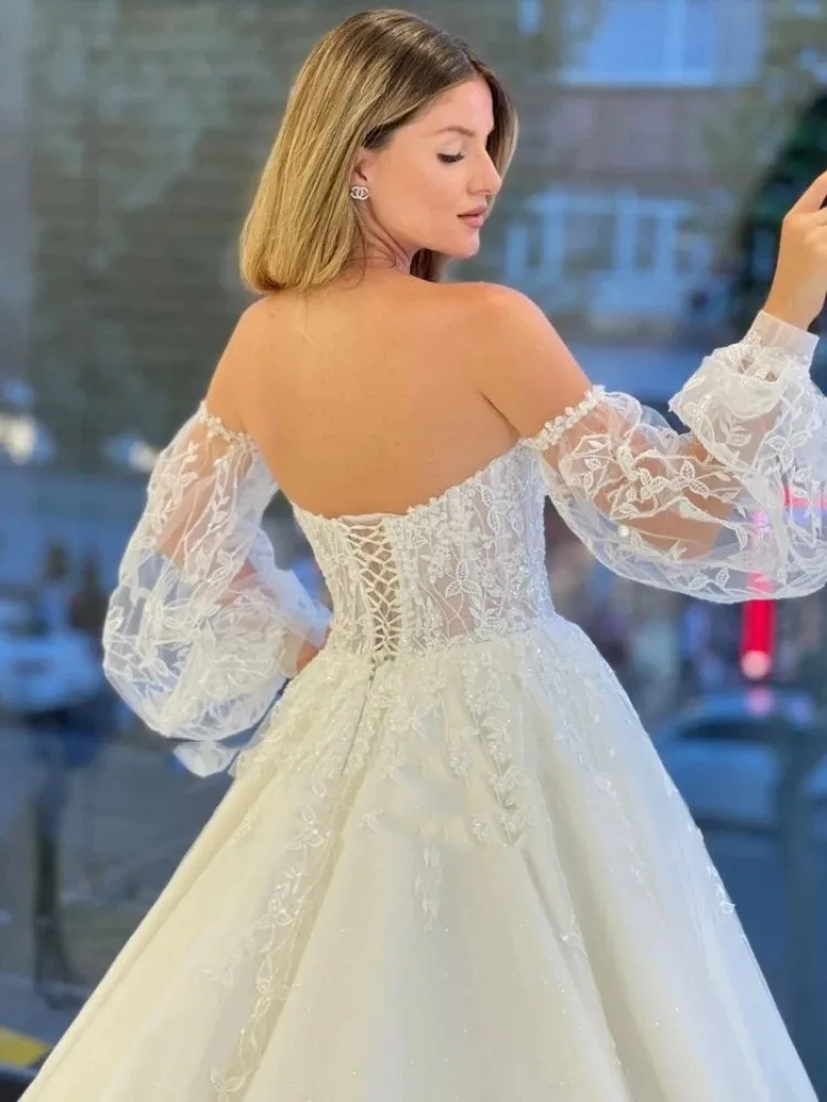 Elegant Strapless Wedding Dresses  Detachable Puffy Sleeves appliques Lace up Back Boho Bridal Gown Vintage Robe